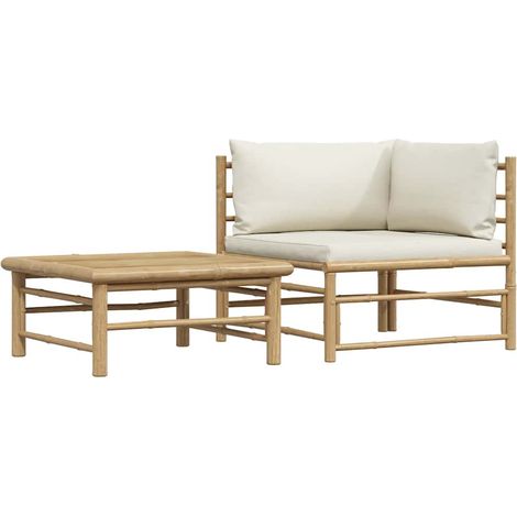 Set Divani da Giardino 2 pz  Salotto da Giardino con Cuscini Bianco Crema in Bambù (1/5)