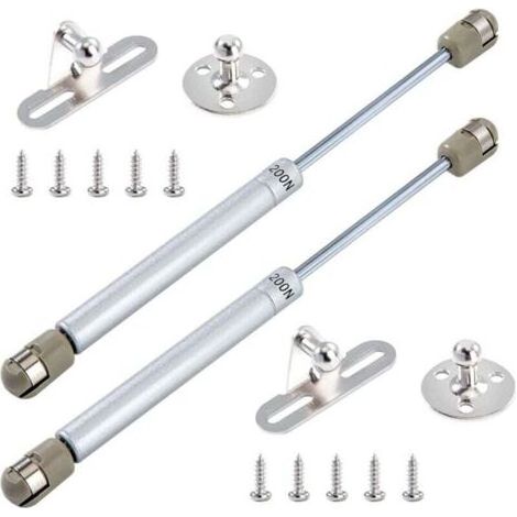 Vérins à Gaz 200N/20kg Hydraulique Ressort Charnières Amortisseurs à Gaz avec Vis pour Levage de Porte Armoire Meuble Cuisine Amortisseur Charniè Lot de 2 (Argent)