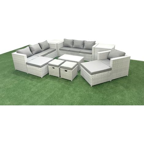 Fimous 10 Pièces Salon de jardin Canapé de jardin avec Fauteuil Table basse 2 Tables d'appoint 4 Tabourets Gris clair mixte (1/5)