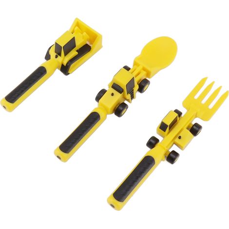 Ensemble de couverts de chantier pour enfants, sur le thème de la construction, comprenant une fourchette et une cuillère en forme d'excavatrice. (1/5)