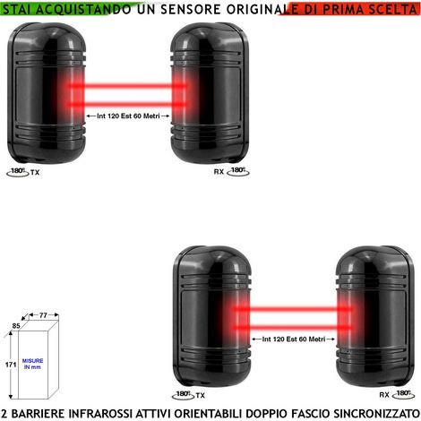 Sensore Passaggio Estranei 2 Pezzi Barriera Infrarossi Attivi Doppio Fascio Orientabile Segnala Allarme Intruso Protezione Lineare Portata 120 MT Interno 60 MT Esterno Collegamento Filare Aliment. 12V (1/4)