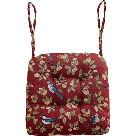 Coussin de chaise à motif d'oiseaux de style campagnard avec attaches - Forme en U, doux et confortable, antidérapant, pour chaises de salle à manger et de cuisine (rouge, 40 x 40 cm) (1/5)