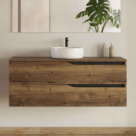 Meuble de salle de bain 120 avec plateau et vasque à poser - sans miroir - 2 tiroirs - tabaco (bois foncé) - LUNA (1/5)