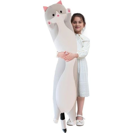 Kuschelkissen aus Plüsch in Katzenform – Weiches und süßes Kissen (90 cm, grau)