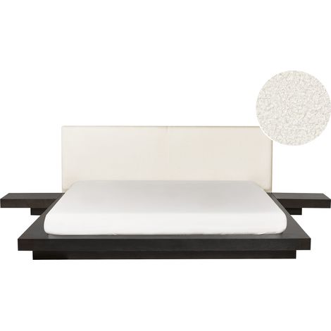 Cama de agua moderna 180 x 200 cm con colchón mesitas de noche cabecero de bouclé madera de fresno oscuro Zen