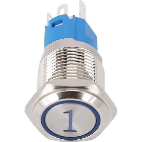 Flacher, kurzzeitiger Drucktaster 16 mm, 5 Pins, blaue LED 3-6 VDC, Nummer 1, 2er-Packung, runder Rückstellschalter. (1/5)