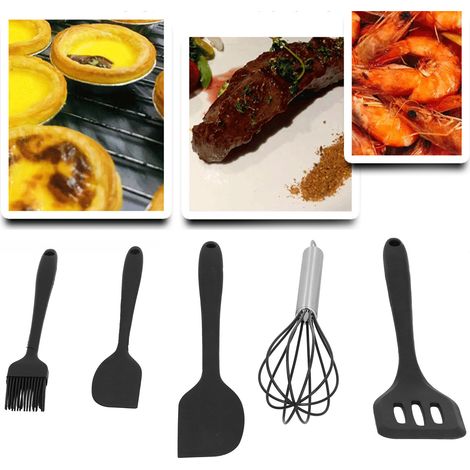 Lot de 5 spatules en silicone noires pour la décoration de gâteaux et autres préparations de pâtisserie maison. (1/5)