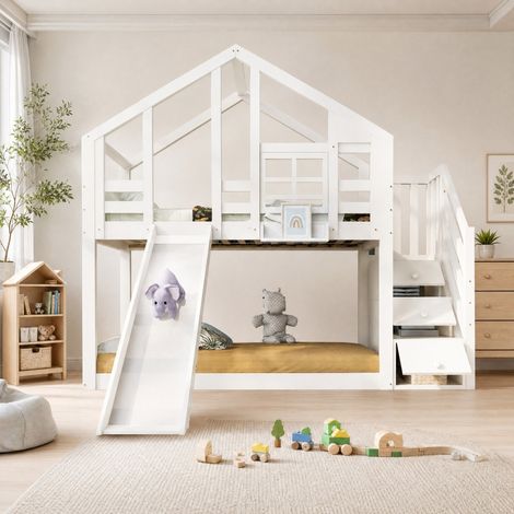 Lit cabane enfant 90 x 200 cm avec toboggan et barrière, blanc HAVRYA (1/5)