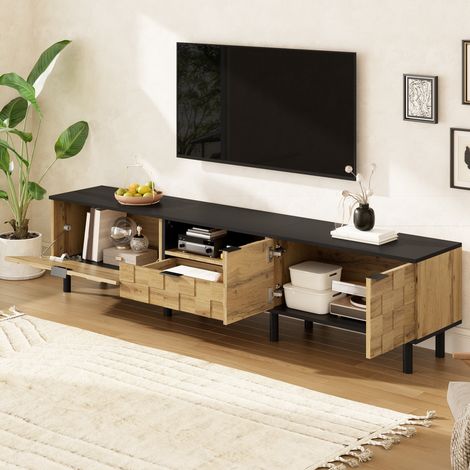 Industrielles TV-Lowboard 170 cm – 3D-Mosaikdesign in Holzoptik, großes Wohnzimmer-Sideboard für Fernseher bis 75 Zoll – 3 Schubladen und Nische – Integrierte Kabelführung – Skandinavischer Chic-Stil