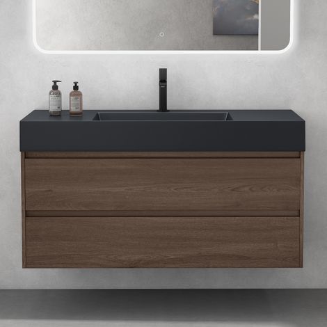 Mai & Mai Meuble de Salle de Bain 120x48x63cm Marron avec Lavabo Gris Noir Meuble Suspendu avec 2 Tiroirs (1/5)