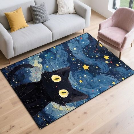 Alfombra negra con estampado de gato,antideslizante y lavable,baños y salas de estar. 60 x 90 cm (1/5)