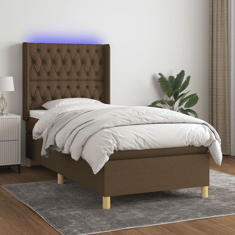Cama box spring colchón y luces LED tela marrón oscuro 90x190cm (1/5)
