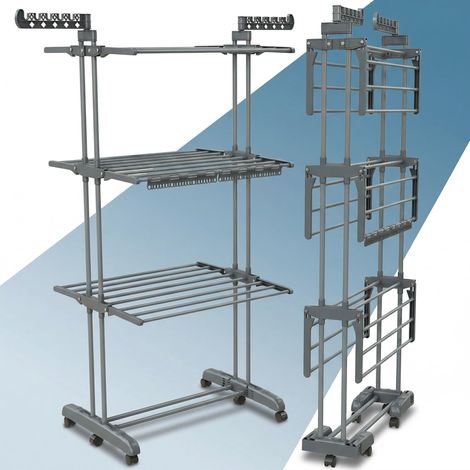 Etendoir Linge Interieur et Exterieur Pliable avec 4 Niveaux et 24 Barres de séchage Jusqu'à 40 kg Seche Linge avec 2 Accessoires pour Chaussettes roulettes pivotantes avec Frein (1/5)
