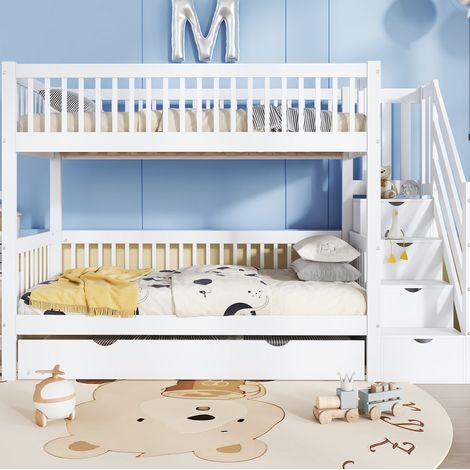 Litera infantil de madera maciza y MDF blanca 90x200 cm con cama nido 90x190 cm y escalera con armario (1/5)