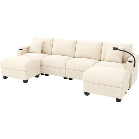 Wohnlandschaft U-Form mit Schlaffunktion, Modulares Cordsofa, Ecksofa mit Handyhalter und USB-Ladeanschluss, geeignet für Wohnzimmer, Schlafzimmer und Wohnung, Beige (1/5)