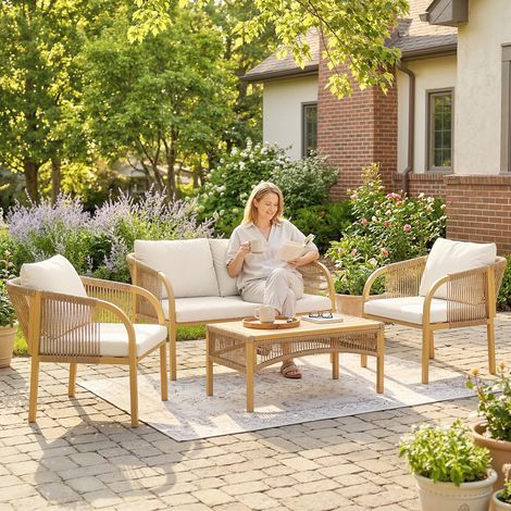 Salon de Jardin Extérieur 4 Pièces avec Canapé 2 Fauteuils Table Coussins, Acier Résine Tressée, 120x72x73cm, Kaki