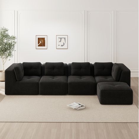 Modulares Ecksofa 386x177x69 cm Schwarz Cord mit tiefer Sitzfläche und rutschfestem Standfuß (1/5)