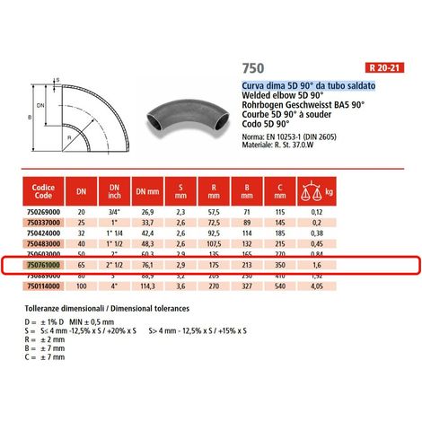 Curva dima 5D 90° da tubo saldato ø2"1/2 x 76,1 in acciaio a saldare 750761000