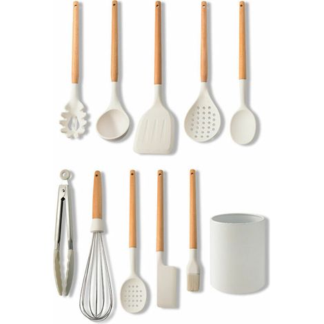 Milky White Silicone Cooking Set, Non-Stick Silicone Cooking Spatula (10 Piece Set + Storage Bucket)