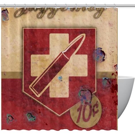 Cortina de ducha Juggernog Perk con estampado metálico y ganchos, 72 x 72 pulgadas.