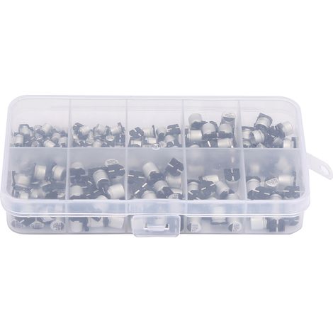 Kit de 200 condensateurs électrolytiques CMS assortis (10 valeurs : 10 V à 50 V, 1 µF à 470 µF) avec boîte de rangement
