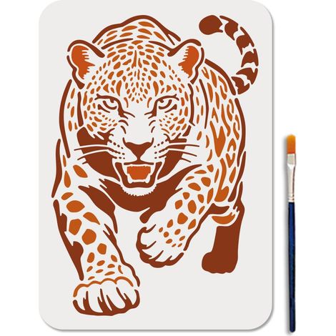 Pochoir Léopard Réutilisable Pochoir Animal pour Peinture 29.7×21cm Gabarit de Dessin de Guépard en Position D'Attaque avec Pinceau pour Murale Meubles Toiles Scrapbooking Décor (1/5)
