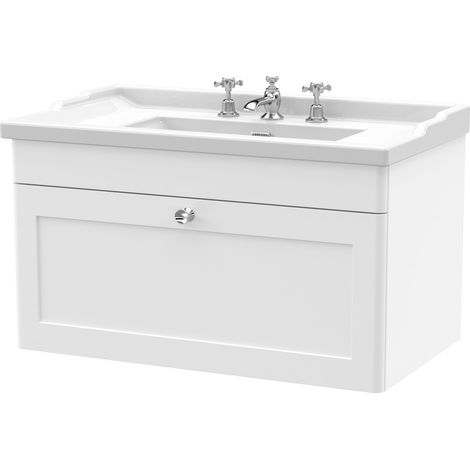 Nuie Classique Wall Hung 1-Drawer Vanity Unit with Traditional Basin 800mm Wide Satin White - 3 Tap Hole (1/5)