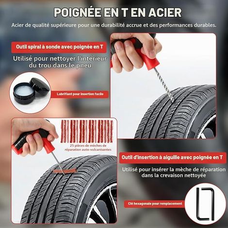 Kit Reparation Pneu Voiture Kit Meche Pneu Voiture Universal Kit Anti Crevaison Voiture Tubeless Outils Réparation Pneus Portables pour Auto Moto VTT Camion Tracteur SUV (1/2)