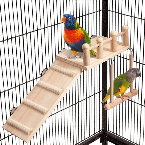 Plateforme de perchoir avec balançoire et échelle, accessoires pour cage à perruches, aire de jeux en bois robuste pour petits oiseaux (1/5)