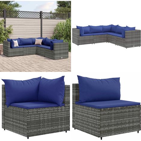 Set Divani da Giardino 5 pz con Cuscini in Polyrattan Grigio - Divano angolare - Divano centrale