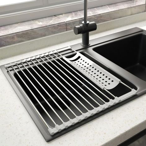 Escurridor de platos de acero inoxidable, tendedero para rollos de cocina, cesta de fregadero plegable y extraíble de acero inoxidable con rejilla de drenaje, 43 cm x 33 cm, gris. (1/5)
