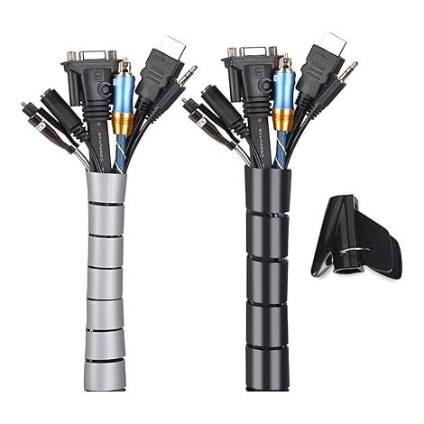 Noir et Gris, Cache Cable 2 Pack, Flexible Range  2x3M PE Câble Rangement Organisateur de Câble pour Ranger ou Cacher les câbles, Gaine pour câbles (2.8cm diamètre  et 2.2cmdiamètre ) , Organisateur