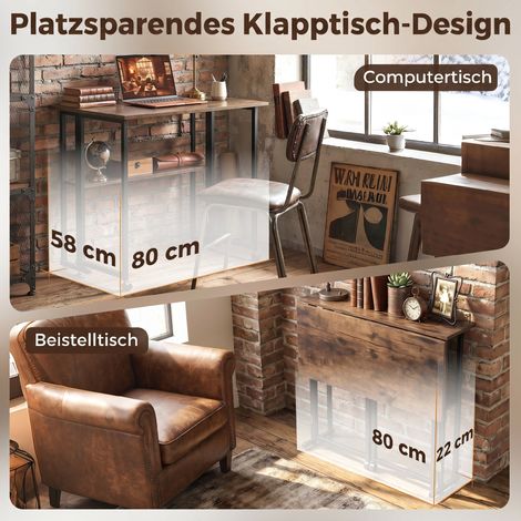 Table pliable avec compartiment de rangement, 80 cm, bureau escamotable pour petits espaces, bureau à domicile, marron rustique (1/5)