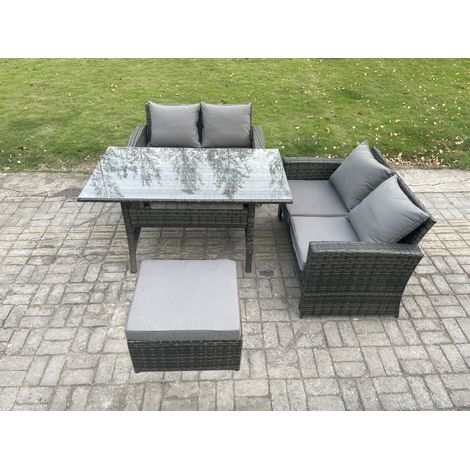 Fimous Dark Grey PE Wicker Rattan Garden Furniture Set Love Sofa Outdoor Rectangular Dining Table Big Footstool (1/4)
