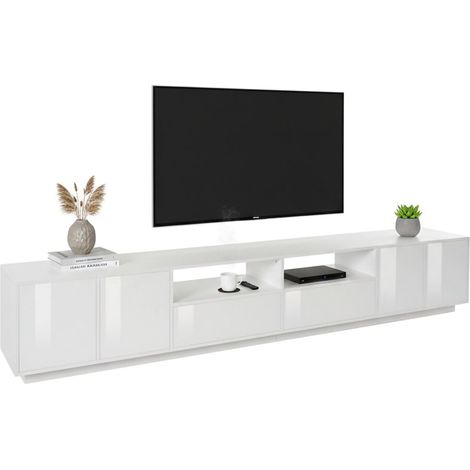 Dmora - Fernsehschrank Dleott, Niedriges Sideboard für Wohnzimmer, Sockel für TV-Möbel, 100 % Made in Italy, cm 260x41h46, weiß glänzend