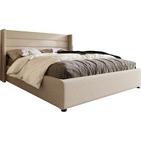 Letto Contenitore 180×200 cm, Letto Matrimoniale con Vano e Testiera Imbottita, senza Materasso, in Lino, Beige (1/4)