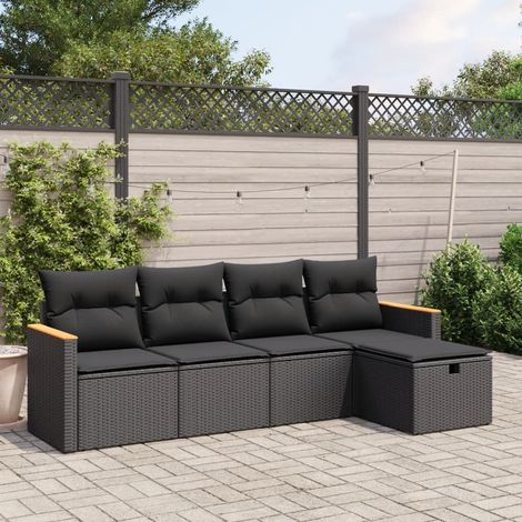 5-tlg. Garten-Sofagarnitur mit Kissen Schwarz Poly Rattan (1/4)