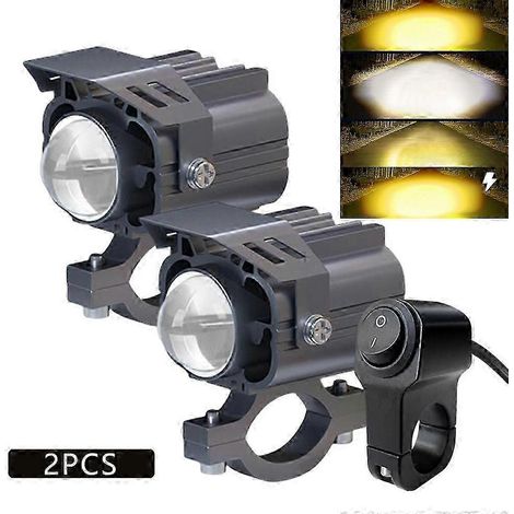 Phares auxiliaires à LED pour moto, feux antibrouillard, projecteurs additionnels avant, 4 modes, 12 V-85 V, bicolore blanc/ambre (1/5)