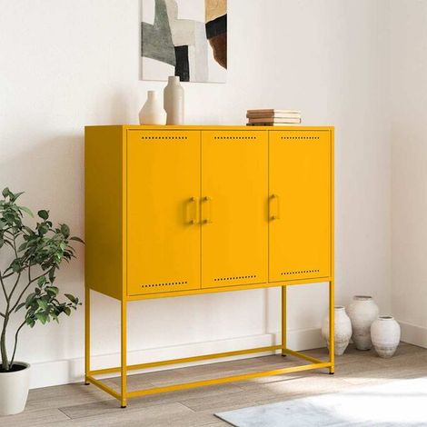 Buffet de Cuisine Haut 100,5 cm Jaune Moutarde - Meuble Rangement Métal Robuste 39x107 cm pour Salle à Mange (1/5)