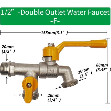 (F-1pcs) Adaptateur de robinet pour tuyau d'arrosage 1/2'', connecteur pour réservoir d'eau IBC, irrigation 2 voies/1 voie, raccord de remplacement en laiton, vanne à bille (1/5)