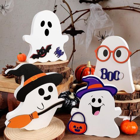 Lot de 4 panneaux décoratifs en bois représentant des fantômes mignons pour Halloween, à poser sur une table, un bureau ou un plateau à étages. Décoration effrayante pour cheminée ou manteau de chemin (1/5)