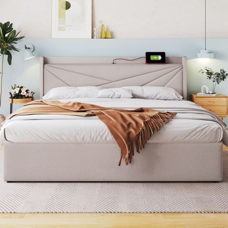 Lit - KOMHTOM - Lit 160x200 cm Gris - Matelas 720 ressorts - Sommier à lattes bois - Structure métal (1/5)