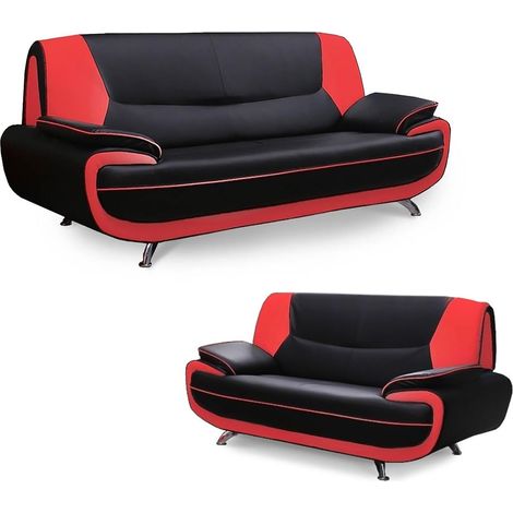 Mobilier Deco – Canapé droit 3 places en simili cuir noir et rouge – Pieds chromés – Design moderne et élégant – Idéal pour salon contemporain (1/5)