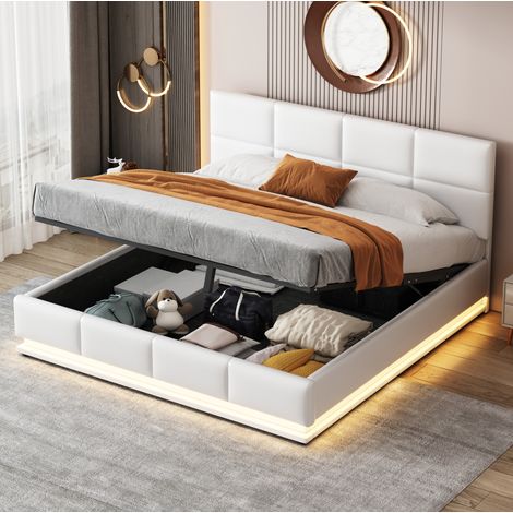 Letto contenitore 160x200 cm con LED, rete metallica, testiera regolabile, bianco OKMYHOME (1/5)