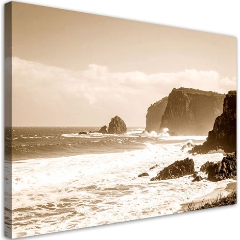 Cuadro sobre Lienzo, Paisaje marino sepia acantilado rocas estilo vintage, 100x70 (1/5)
