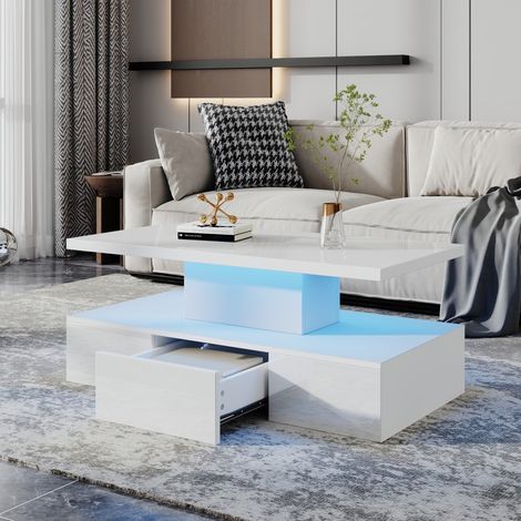 Table Basse - 100x50x39cm - Étagère Ouverte avec Tiroir de Rangement Effet Brillant Salon Séjour Éclairage LED APP - Blanc (1/5)