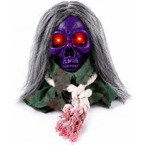 Crâne violet animé pour Halloween, jouet décoratif effrayant et interactif, accessoire pour maison hantée, fête à thème, jardin, entrée, salon et décoration saisonnière (1/2)