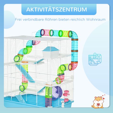 Cage hamster PawHut 5 étages, enclos rongeurs en fil métallique avec roue, rampe, abreuvoir et gamelle, pour souris, hamsters et gerbilles, 59x36x69 cm, bleu ciel/blanc