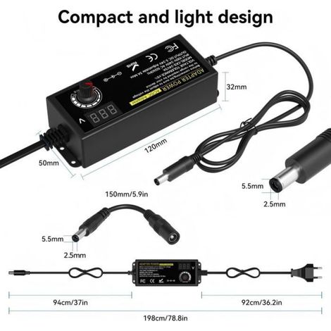 72W Adaptateur Secteur Universel, AC à DC 3V-12V-24V Transformateur Réglable, avec Affichage LED Tension et 14 Embouts (1/4)