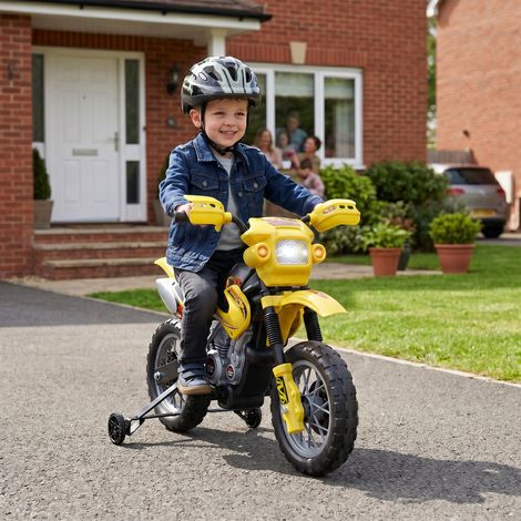 Moto électrique enfant 6V, quad cross jaune/noir avec phares LED, musique et roulettes stabilisatrices, pour garçons et filles de 3 à 6 ans, charge max 25 kg, jouet motorisé tout-terrain. (1/5)